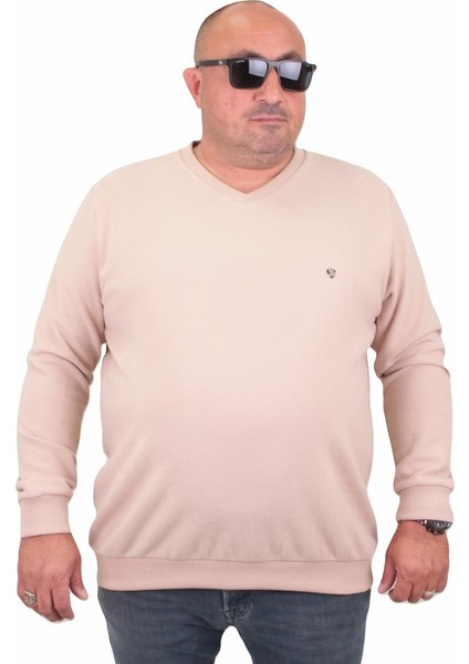 Mocgrande Büyük Beden Selanik V Yaka Classic Sweat 23201 Bej