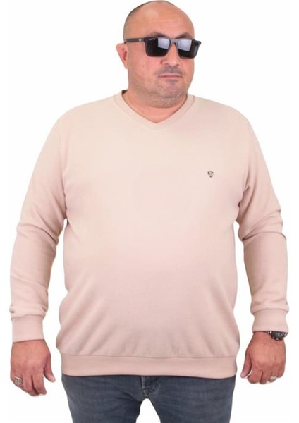 Büyük Beden Selanik V Yaka Classic Sweat 23201 Bej