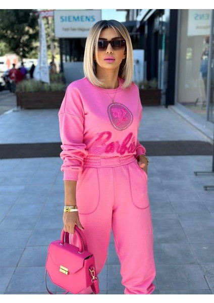 5096 Önü Taşlı Barbie Sweat Pembe