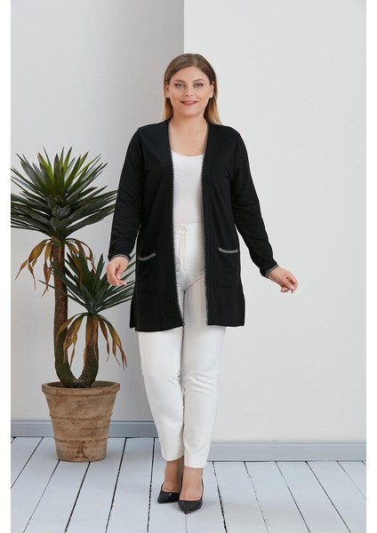 Kadın Siyah Düz Uzun Kollu Cepli Penye Anne Hırka fiyatları