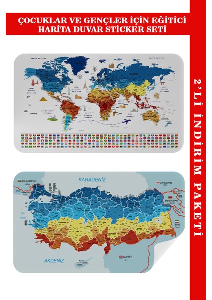 Lila Fil Eğitici Öğretici Dünya ve Türkiye Haritası Çocuk Odası Duvar Stickerı 3891