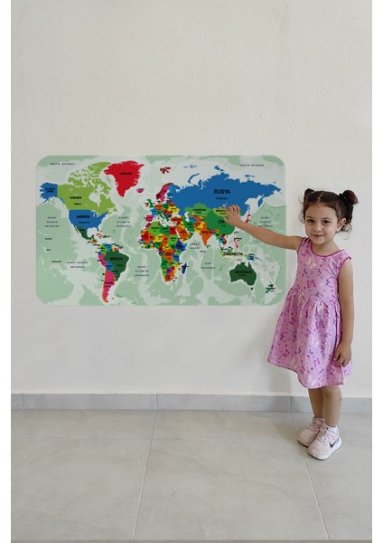 Türkçe Eğitici Ülke ve Başkent Okyanus Detaylı Atlası Dekoratif Dünya Haritası Duvar Sticker 3840 x L