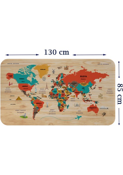 Ahşap Görünü ml ü Türkçe Eğitici Detaylı Atlası Dekoratif Dünya Haritası Duvar Sticker 3867 x L