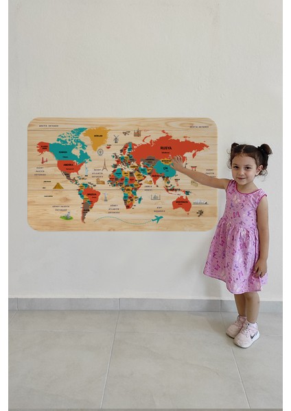 Ahşap Görünü ml ü Türkçe Eğitici Detaylı Atlası Dekoratif Dünya Haritası Duvar Sticker 3867 x L