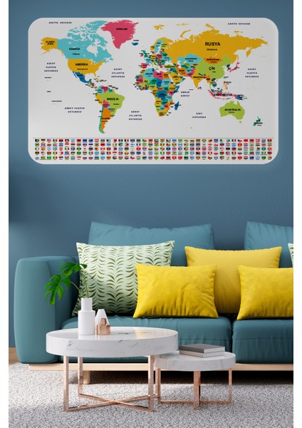 Türkçe Ülke Bayrak Lı Eğitici Başkent Detaylı Atlası Dünya Haritası Duvar Sticker
