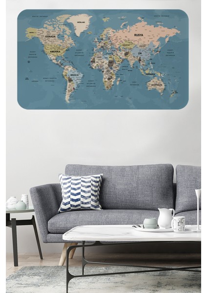 Türkçe Eğitici Ülke ve Başkent Okyanus Detaylı Atlası Dekoratif Dünya Haritası Duvar Sticker 3836 x L
