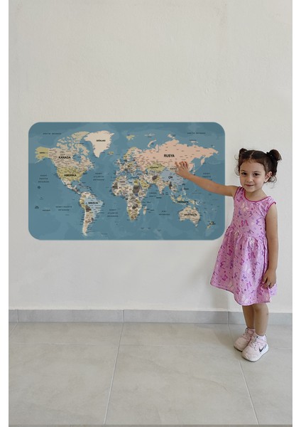 Türkçe Eğitici Ülke ve Başkent Okyanus Detaylı Atlası Dekoratif Dünya Haritası Duvar Sticker 3836 x L