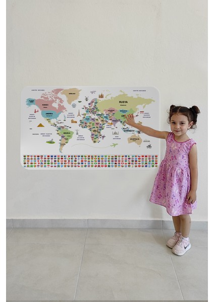 Türkçe Ülke Bayrak Lı Eğitici Başkent Detaylı Atlası Dünya Haritası Duvar Sticker