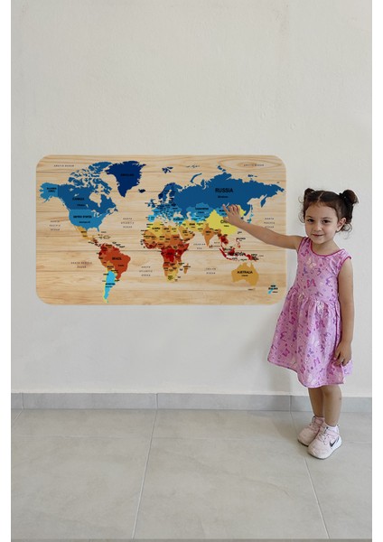 Ahşap Görünü ml ü Eğitici Detaylı Atlası Dekoratif Dünya Haritası Duvar Sticker