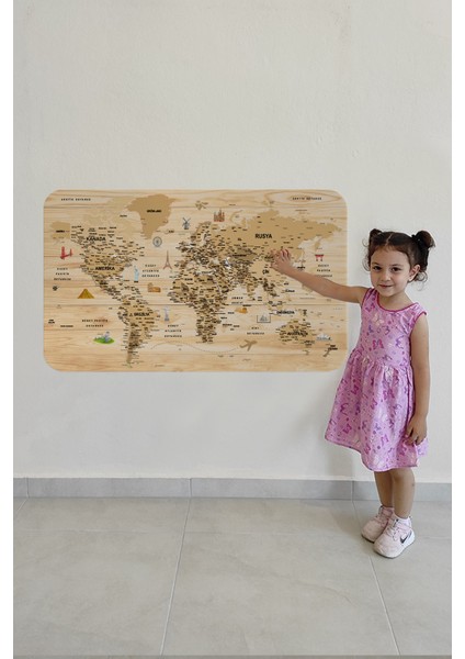 Ahşap Görünü ml ü Türkçe Eğitici Detaylı Atlası Dekoratif Dünya Haritası Duvar Sticker
