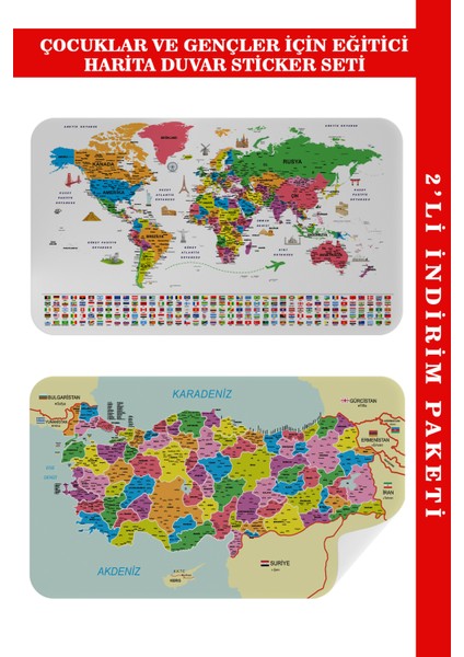 Eğitici Öğretici Dünya ve Türkiye Haritası Çocuk Odası Duvar Sticker 3885 x L