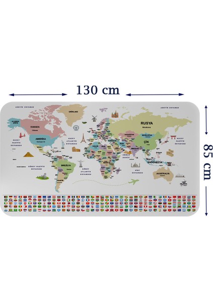 Türkçe Ülke Bayrak Lı Eğitici Başkent Detaylı Atlası Dünya Haritası Duvar Sticker 3859 x L