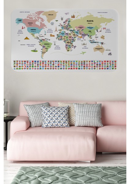 Türkçe Ülke Bayrak Lı Eğitici Başkent Detaylı Atlası Dünya Haritası Duvar Sticker 3859 x L