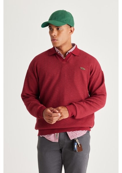 Erkek Bordo Loose Fit Içi Polarlı 3 Iplik Polo Yaka Jakarlı Sweatshirt