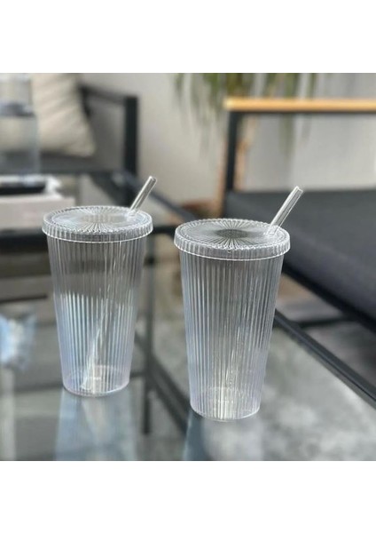 2 Adet 600 ml Mika Kapaklı Cam Pipetli Isıya Dayanıklı Origami Stil Kahve Meşrubat Sunum Bardağı