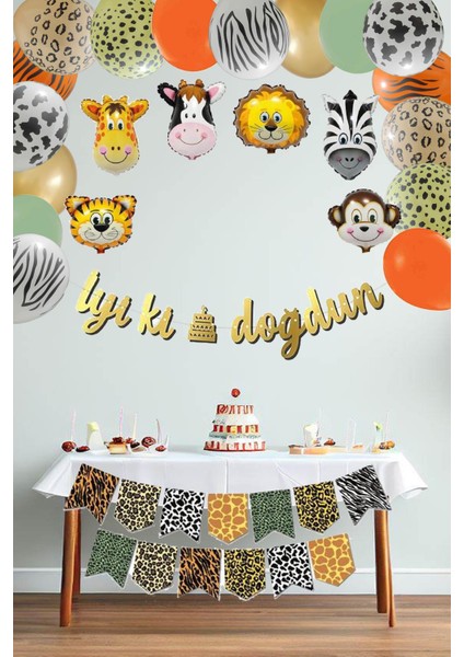 Safari Doğum Günü Parti Seti Balon Zinciri Iyi Ki Doğdun Flama Seti Hayvan Kafa Balonlar