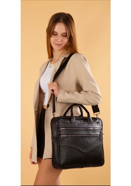 Hakiki Deri Kadın Laptop Çantası Siyah, Siyah Kadın Evrak Çantası Notbook Çantası