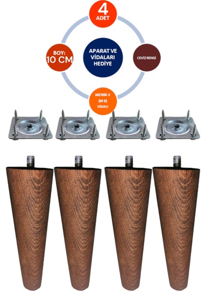 4'lü Ceviz Renk 10 cm Ahşap Konik Ayak Koltuk Ayağı-Baza-Tv Ünitesi-Mobilya-Çap:4.6 cm 3301000000522