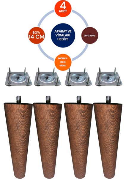 4'lü Ceviz Renk 14 cm Ahşap Konik Ayak Gürgen Koltuk Ayağı-Baza-Tv Ünitesi-Mobilya-Çap:4.6 cm 3301000000504