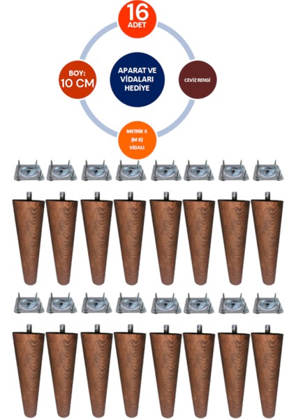 16'lı Ceviz Renk 10 cm Ahşap Konik Ayak Koltuk Ayağı-Baza-Tv Ünitesi-Mobilya-Çap:4.6cm 3301000000525