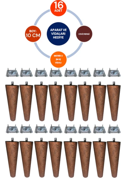 Vera Hediyelik Eşya 16'lı Ceviz Renk 10 cm Ahşap Konik Ayak Koltuk Ayağı-Baza-Tv Ünitesi-Mobilya-Çap:4.6cm 3301000000525