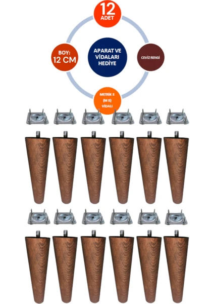 Vera Hediyelik Eşya 12'li Ceviz Renk 12 cm Ahşap Konik Ayak Koltuk Ayağı-Baza-Tv Ünitesi-Mobilya-Çap:4.6cm 3301000000519