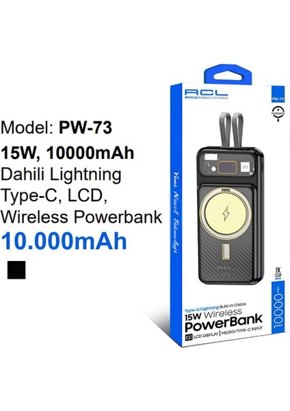 Pw-73 15W 10000MAH Dahili Lightning Type-C LCD Wireless Powerbank Pw-73