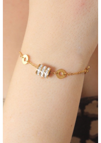 316L Çelik Gold Renk Zirkon Taşlı Kadın Bileklik