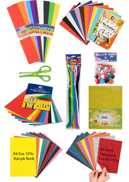 Anaokulu Kreş Etkinlik Seti Elişi Kağıdı Si ml i Eva Fon Kartonu Krapon Şönil Makas Ponpon Okul Seti