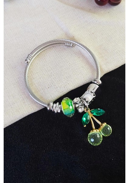 Yeşil Kiraz Charmlı Pandora Modeli Çelik Bileklik