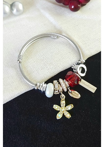 Taşlı Çiçek Charmlı Kırmızı Kristal Pandora Modeli Çelik Bileklik