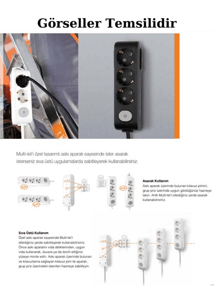 Multi Let (6'lı) Altılı Priz Topraklı Çocuk Korumalı Kablolu 1 (Bir) Metre (8 Adet)
