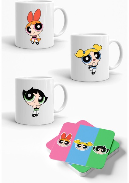 Powerpuff Girls Baskılı 3'lü Porselen Kupa ve 3'lü Bardak Altlığı Seti