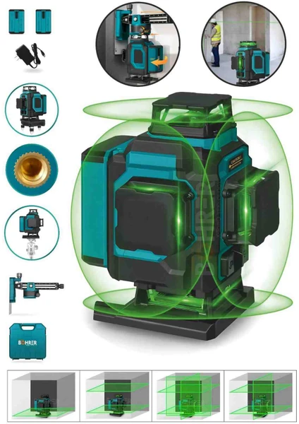 Şarjlı Çift Akülü Profesyonel 4 Köşe 4×360 16 Satır Yeşil Çizgi Lazer Hizalama