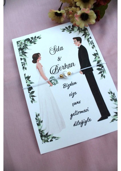 40 Adet Kişiye Özel Kartlı Şans Bilekliği - Kına Hediyesi - Kına Hatırası - Nikah Hatırası - Bride Hediye modelleri