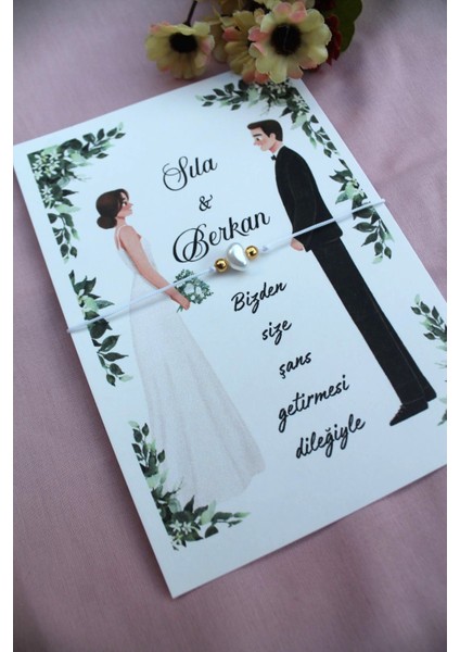 40 Adet Kişiye Özel Kartlı Şans Bilekliği - Kına Hediyesi - Kına Hatırası - Nikah Hatırası - Bride Hediye indirimleri