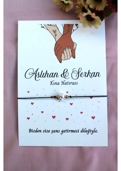 40 Adet Kişiye Özel Kartlı Şans Bilekliği - Kına Hediyesi - Kına Hatırası - Nikah Hatırası - Bride Hediye