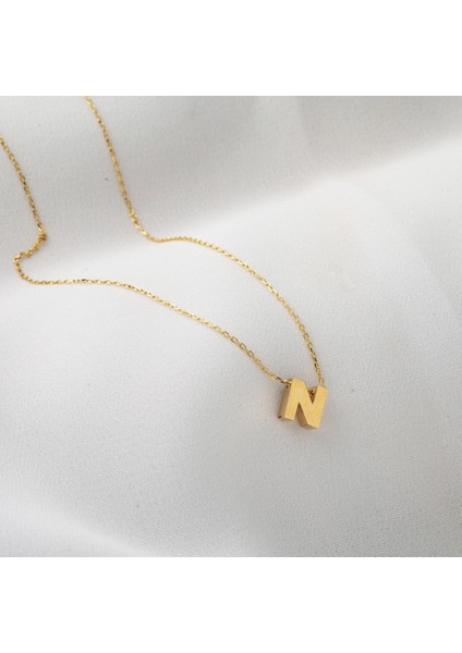 N Harfi Taşsız Minimal Harf Kolye 14 Ayar Altın