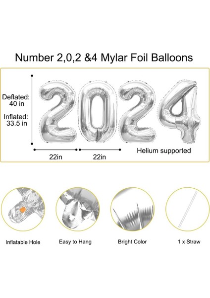 Tinky Winky Yılbaşı New Year Folyo Balon 2024 Yazılı Helyum Balon 100 cm Gümüş Renk