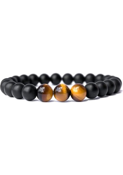 Online Kordon Siyah Parlak 8mm Onyx Bileklik Üç Adet Kahve Kaplan Gözü Taşlı Erkek Bilekliği