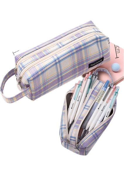 Kalem Kutusu Büyük Kapasiteli Tuval Kırtasiye Çift Katmanlı Basit Ortaokul Erkek ve Kadın Kore Çift Katmanlı Kalem Kutusu Ekose Mavi (Yurt Dışından)