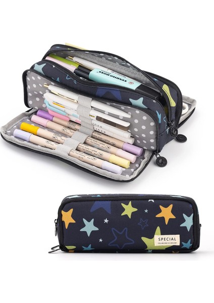 Büyük Kalem Kutusu Büyük Kapasiteli 3 Bölmeli Genç Erkek Kız Okul Öğrencileri Için Tuval Kalem Çantası (Yıldızlı Gökyüzü) (Yurt Dışından)