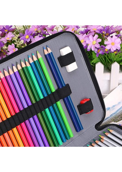 200 Yuvalı Renkli Kalem Düzenleyici - Çıkarma Saplı Deluxe Pu Deri Kalem Kutusu Tutucu Askı Renkli Kalemler Için Büyük Kalem Kutusu Suluboya Kalemleri (Siyah) (Yurt Dışından)
