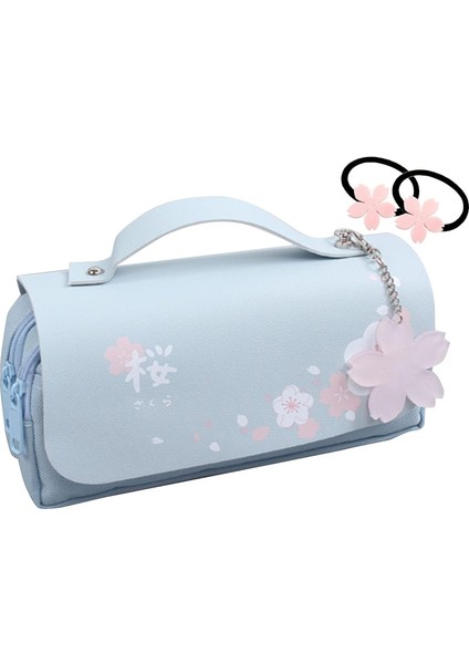 Kawaii Kiraz Çiçeği Kalem Çantası Pembe Tatlı Kalem Kutusu Büyük Kapasiteli Kırtasiye Kılıfı Okul Malzemeleri Makyaj Çantası (Mavi) (Yurt Dışından)