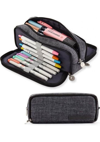 Büyük Kalem Kutusu Büyük Kapasiteli 3 Bölmeli Genç Erkek Kız Okul Öğrencileri Için Tuval Kalem Çantası (Siyah) (Yurt Dışından)