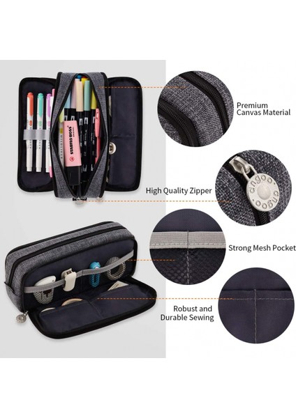 Büyük Kalem Kutusu Büyük Kapasiteli 3 Bölmeli Genç Erkek Kız Okul Öğrencileri Için Tuval Kalem Çantası (Siyah) (Yurt Dışından) fiyatları