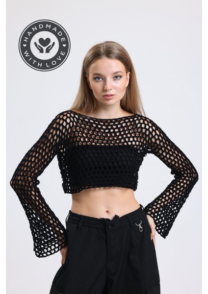 Siyah El Örgüsü Ajurlu Ispanyol Kol Crop Bluz