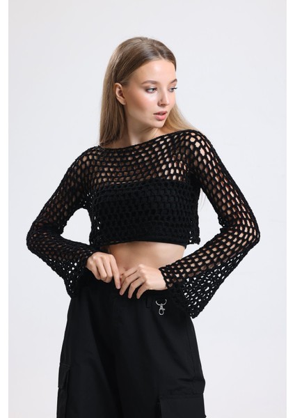 Siyah El Örgüsü Ajurlu Ispanyol Kol Crop Bluz modelleri