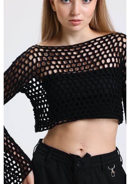 Siyah El Örgüsü Ajurlu Ispanyol Kol Crop Bluz fırsatları