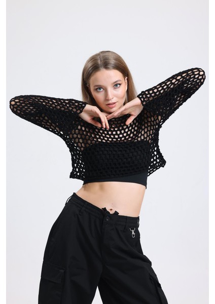 Siyah El Örgüsü Ajurlu Ispanyol Kol Crop Bluz indirimleri